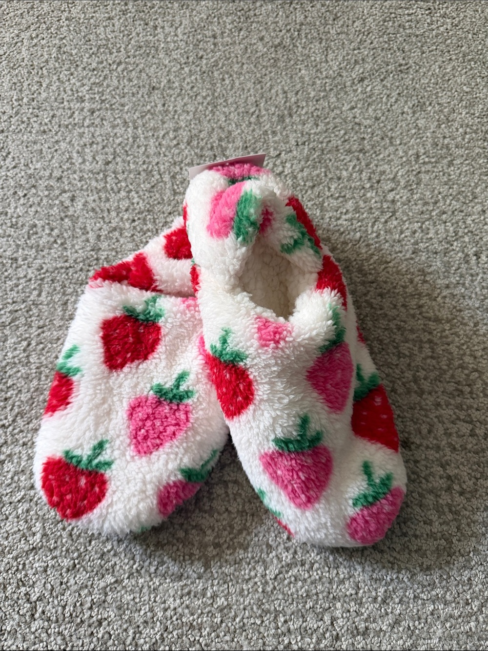 Cozy Fuzzy Strawberry Slipper Socks - White with Red & Pink